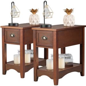 COSTWAY Set van 2 bijzettafels met lade en plank, 2 verdiepingen tellende salontafel, smal nachtkastje, koffietafel voor woonkamer, slaapkamer, 56 x 33 x 58,5 cm (roodbruin)