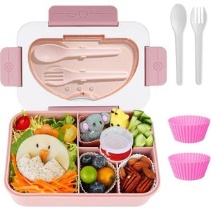 Broodtrommel voor kinderen, met vakken, 1350 ml, lunchbox voor kinderen, bento box, lekvrij, met 5 vakken, bestekset, ontbijtbox voor meisjes, jongens, kleuterschool, broodtrommel voor