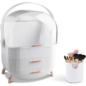 180° draaibare draagbare make-up organizer met stofdicht deksel - cosmetische opbergdoos met 2 laden en draaggreep - wit