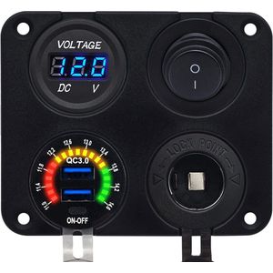 ProRide 12V USB Autolader 2 Poorten - QC3.0 - Voltmeter, Schakelaar en 12V/24V Sigarettenplug - Vierkant inbouw