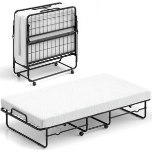 COSTWAY Inklapbaar logeerbed, 90 x 190 cm, opklapbed met 10 cm dik schuimmatras, lattenbodem van metaal, vouwbed met wielen en robuust metalen frame, belastbaar tot 220 kg