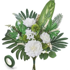 Kunstmatig Witte Bloemenboeket - Met Groene Bladeren - Realistisch & Duurzaam - Woondecoratie