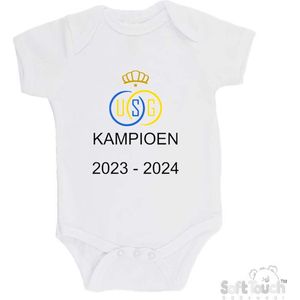 100% katoenen Romper ""USG kampioen 2023-2024"" Royale Union Saint-Gilloise Unisex Katoen Wit/goud/blauw/geel Maat 56/62