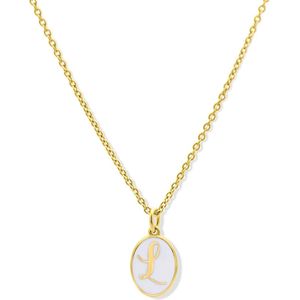 Silventi 9LA-20061-L Zilveren Ketting met Letterhangertje - L - Ovaal - 12x8,8mm - Emaille - Wit - Zilver - Initiaal sieraad - Verguld/Goud op Zilver