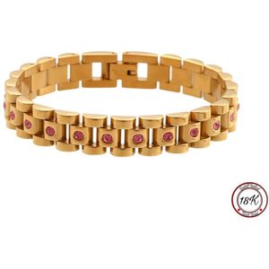 Soraro Presidente Stijl Armband | 18K Goldplated | Horlogeband Stijl | Goud kleurig | Staal | Roze | Armband Vrouwen | 10mm | Vrouwen Cadeautjes | Zirkonia | Pin Remover | Moederdag