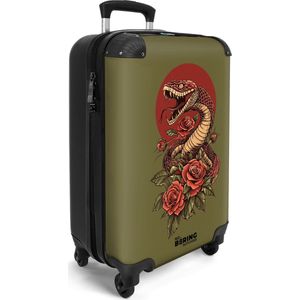 NoBoringSuitcases.com® - Handbagage koffer lichtgewicht - Reiskoffer trolley voor reizen - Groen met slang en rode bloemen - Cabine rolkoffer met wieltjes - Travel luggage - Hardcase valies klein - Past binnen 55x40x20 en 55x35x25