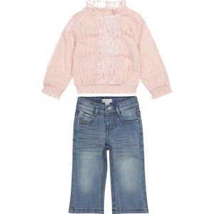 Koko Noko - Kledingset - 2 delig - Jeans blauw wide leg - Blouse Dusty Pink met kant - Maat 122