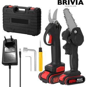 Brivia Elektrische Snoeischaar - 2 in 1 Mini Kettingzaag - Bloemenschaar, Takkenschaar, Heggenschaar Elektrisch - 2 Accu's met Acculader - Incl. Opbergbox Tuin Gereedschap