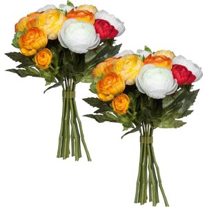 Mica Decorations Kunstbloemen boeket ranonkels - 2x - oranje/rood - 22 cm - decoratie bloemen