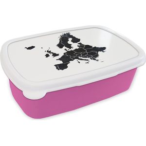Broodtrommel Roze - Lunchbox - Brooddoos - Kaart Europa - Aquarelverf - Zwart - 18x12x6 cm - Kinderen - Meisje