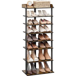 Hoge schoenenrek, 7-laags slanke schoenenplank, houten smalle industriële stijl voor hal slaapkamer, d47 x b28 x h113 cm, rustiek bruin