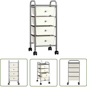 The Living Store Opbergtrolley met 4 lades mobiel kunststof wit - Werkwagen - Opbergtrolley - Opbergwagen - Witte Opbergwagen - Multifunctionele Trolley