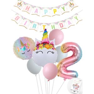 Eenhoorn Unicorn Sweet Color Feestpakket inclusief DIY Happy Birthday Slinger - Snoes - Cijfer Ballon 2 Jaar - Roze - Wit - Pastel