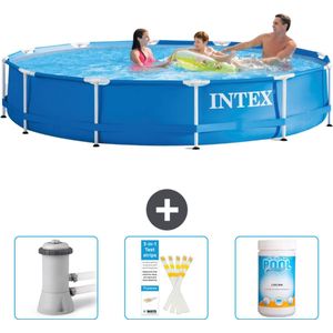 Intex Rond Frame Zwembad - 366 x 76 cm - Blauw - Inclusief Zwembadfilterpomp - Testrips - Chloor