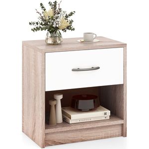 COSTWAY Nachtkastje met lade, kleine bijzettafel met open vak, banktafel, nachtkastje, nachtkastje voor slaapkamer, woonkamer, 38,5 x 28 x 40,5 cm (naturel + wit)