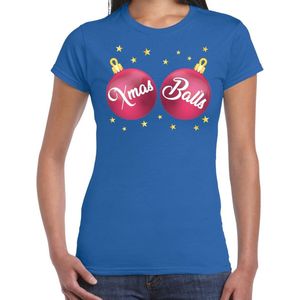 Fout kerst t-shirt blauw met roze Xmas balls borsten voor dames - kerstkleding / christmas outfit S