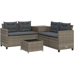 vidaXL Tuinbank met tafel en kussens L-vormig poly rattan grijs - Tuinbank - Tuinbanken - Tuinmeubel - Loungebank Tuin