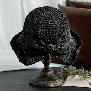 ASTRADAVI Straw Bucket Hat - Zonnehoedje Grote Rand en Verstelbaar - Strooien Hoeden met Strik voor Dames. Zwart