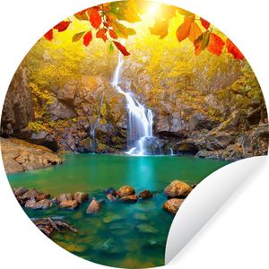 Behangcirkel - Herfst - Waterval - Rots - 30x30 cm - Zelfklevend behang - Behang rond - Behang zelfklevend - Behang cirkel - Ronde schilderijen