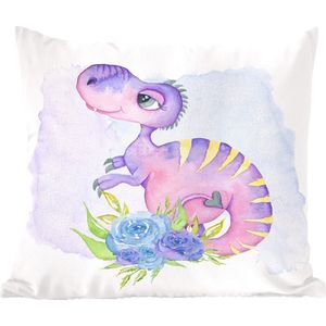 Sierkussens - Kussentjes Woonkamer - 60x60 cm - Dinosaurus - Kinderkamer - Aquarel - Meisjes - Kinderen - Roze