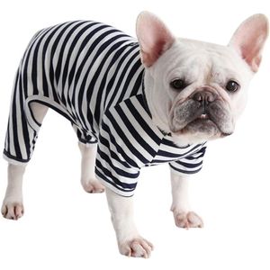 Allecto Plus - Klassieke gestreepte pyjama jumpsuit voor honden - Zacht katoenen kostuum voor kleine en middelgrote rassen - Zwart L - Warme hondenkleding met Franse Bulldog en Mopshond design
