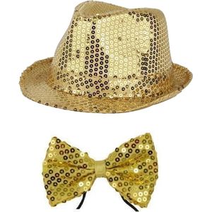 Funny Fashion Verkleedkleding set hoed/strik goud glitter volwassenen