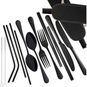 Hiking Portable Cutlery Set for 1-2 Persons - Stainless Steel Camping Travel Outdoor Cutlery Kit with Case - Knife Fork Spoon Straws Chopsticks Black