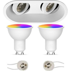 LED Spot Set GU10 - Facto - Smart LED - Wifi LED - Slimme LED - 5W - RGB+CCT - Aanpasbare Kleur - Dimbaar - Afstandsbediening - Pragmi Zano Pro - Inbouw Ovaal Dubbel - Mat Wit - Kantelbaar - 185x93mm