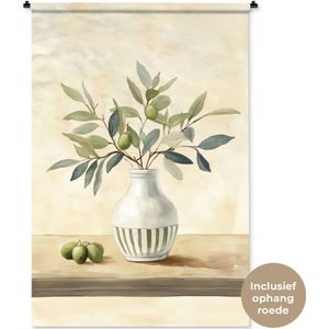 Wandkleed 120x180 cm - Wanddoek Vaas - Keramiek - Olijftakken - Wandtapijt - Wandkleden