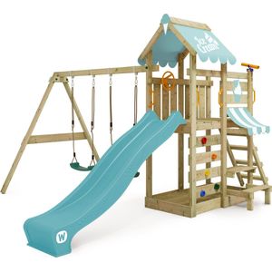 WICKEY speeltoestel klimtoestel VanillaFlyer met schommel, pastelblauw zeil & glijbaan, outdoor kinderspeeltoestel met zandbak, ladder & speelaccessoires voor de tuin