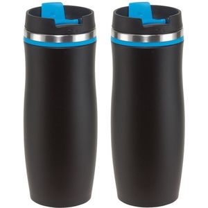 2x Thermosbekers/warmhoudbekers zwart/blauw 400 ml - Thermo koffie/thee isoleerbekers dubbelwandig met schroefdop