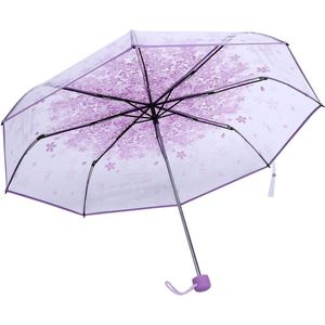 Sakura Zakparaplu, transparante paraplu met bloemen, zakparaplu, prinsessenkap, patroon, bloemen, licht, doorzichtig, windbestendig, reisparaplu, diameter 93 cm, lichtpaars