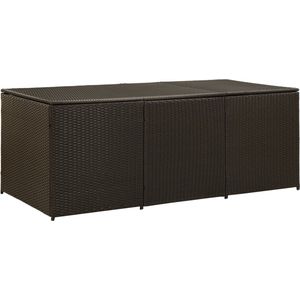 <p>Ben je op zoek naar een aantrekkelijke en veelzijdige manier om dingen in je tuin op te bergen? Dan is deze poly rattan opbergbox een ideale keuze voor jou! De box heeft een grote inhoud en is dus groot genoeg om tuinartikelen op te slaan zoals meubelkussens, dekens, zwembadspeelgoed en tuinspullen.</p>
<p>Deze opbergbox is gemaakt van een gepoedercoat stalen frame en handgeweven poly rattan, wat ervoor zorgt dat hij duurzaam en roest- en weerbestendig is. Daarnaast heeft hij een voering die de inhoud beschermt tegen stof en vocht.</p>
<p>Dankzij de verhoogde voeten zorgt deze opbergbox voor een goede luchtcirculatie, waardoor de inhoud droog en schoon blijft. Het gasveermechanisme maakt het eenvoudig om het bovendeksel te openen en te sluiten. Bovendien is de opbergbox gemakkelijk schoon te vegen met een vochtige doek.</p>
<p>De opbergcontainer is eenvoudig te monteren. Let op: dek de kussenbox af met waterdicht zeil/materiaal om te voorkomen dat er regen in de box komt als het regent.</p>
<ul>
  <li>Kleur: bruin</li>
  <li>Materiaal: PE (polyethyleen) rattan en gepoedercoat stalen frame</li>
  <li>Afmetingen: 180 x 90 x 75 cm (B x D x H)</li>
  <li>PE voering</li>
  <li>Vochtbestendig met verhoogde voeten</li>
  <li>Met gasveermechanisme voor eenvoudig openen en sluiten</li>
</ul>