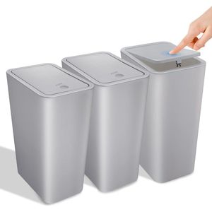 Set van 3 vuilnisemmers voor badkamer, 10 liter, cosmetica-emmer met pop-up deksel, kleine afvalemmer voor badkamer, kantoor, keuken, slaapkamer, PP-materiaal, keukenafvalemmer (grijs)