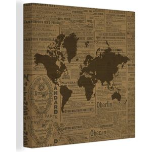 Canvas Wereldkaart - 90x90 - Wanddecoratie Wereldkaart Bruin - Krant - Letters