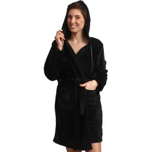Zwarte badjas dames - capuchon - kort 90 cm - fleece - cadeau voor haar - Maat L