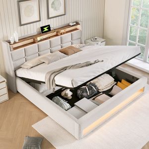 Sweiko Gestoffeerd bed met USB 140x200cm, LED Verlichting Eenpersoonsbed, Met Opbergruimte,Beige, Metalen frame Vlak noedelsframe, linnen bedstead jeugdbed (zonder matras)