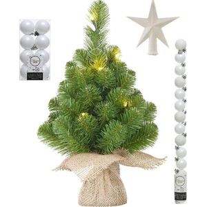 Kunst kerstboom met 15 LED lampjes 60 cm inclusief witte versiering 31-delig - Mini kerstboompjes