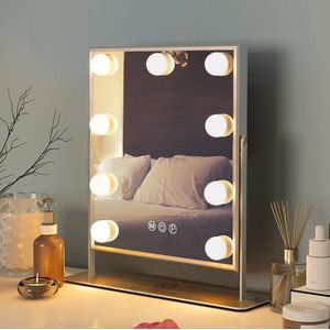 Make-upspiegel met Verlichting - 360° Draaibare Verlichte Make-upspiegel met 9 Dimbare LED-lampen - Cosmetische Spiegel met Licht - 3 Lichtkleuren - Wit - 25x30cm