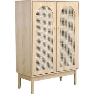 sweeek - Schoenenkast / klein dressoir met 2 deuren en rotan judith, 20 paar schoenen, 4 planken, voeten van rubberhout met gouden afwerking