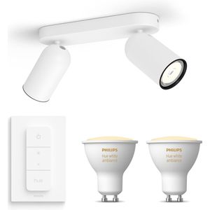 Philips myLiving Pongee Opbouwspot White Ambiance GU10 - 2 Hue Lampen en Dimmer Switch - Warm tot Koelwit Licht - Dimbare Plafondspots - Wit