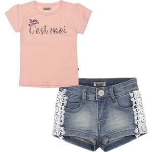 DJ Dutchjeans - Kledingset(2delig) - short jeans met kant - shirt roze met print - Maat 110