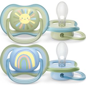 Philips Avent Ultra Air Fopspeen - 0 tot 6 Maanden - 2 Speentjes - Groen/Blauw Zon/Regenboog - SCF085/58