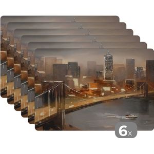 Placemat - Placemats kunststof - Schilderij - Olieverf - Skyline - Stad - Water - 45x30 cm - 6 stuks - Hittebestendig - Anti-Slip - Onderlegger - Afneembaar