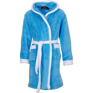 Badjas capuchon aqua blauw - fleece badjas kind - ochtendjas kind - warm & zacht - meisje & jongen - Badrock - maat (9-10jaar) 134/140