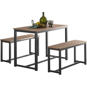 3-delige eetset - zitgroep - keukentafelset - ruimtebesparend ontwerp - tafelblad van MDF fineer - stevig metalen frame - tafel: 110 cm x 74 cm x 58 cm, bank: 95 cm x 46 cm x 29 cm