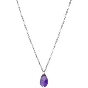 Lucardi Dames Stalen ketting met amethyst - Ketting - Staal - Zilverkleurig - 45 cm