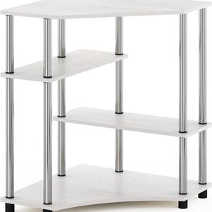 Ruimtebesparend hoekbureau met planken, bewerkt hout, wit eiken/roestvrij staal