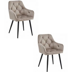 Set van 2 - Stoel JORK - Donkerbeige Velvet - Zwarte Metaalpoten - Luxe Eetkamerstoel - Fauteuil - Met Armleuning - Modern Design - Elegant en Comfortabel voor Woonkamer, Keuken of Eetkamer - Max. 110 kg