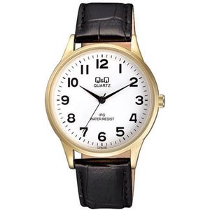 Q&Q C214J104Y - Horloge - Analoog - Heren - Mannen - Leren band - Rond - Staal - Cijfers - Zwart - Goudkleurig - Wit